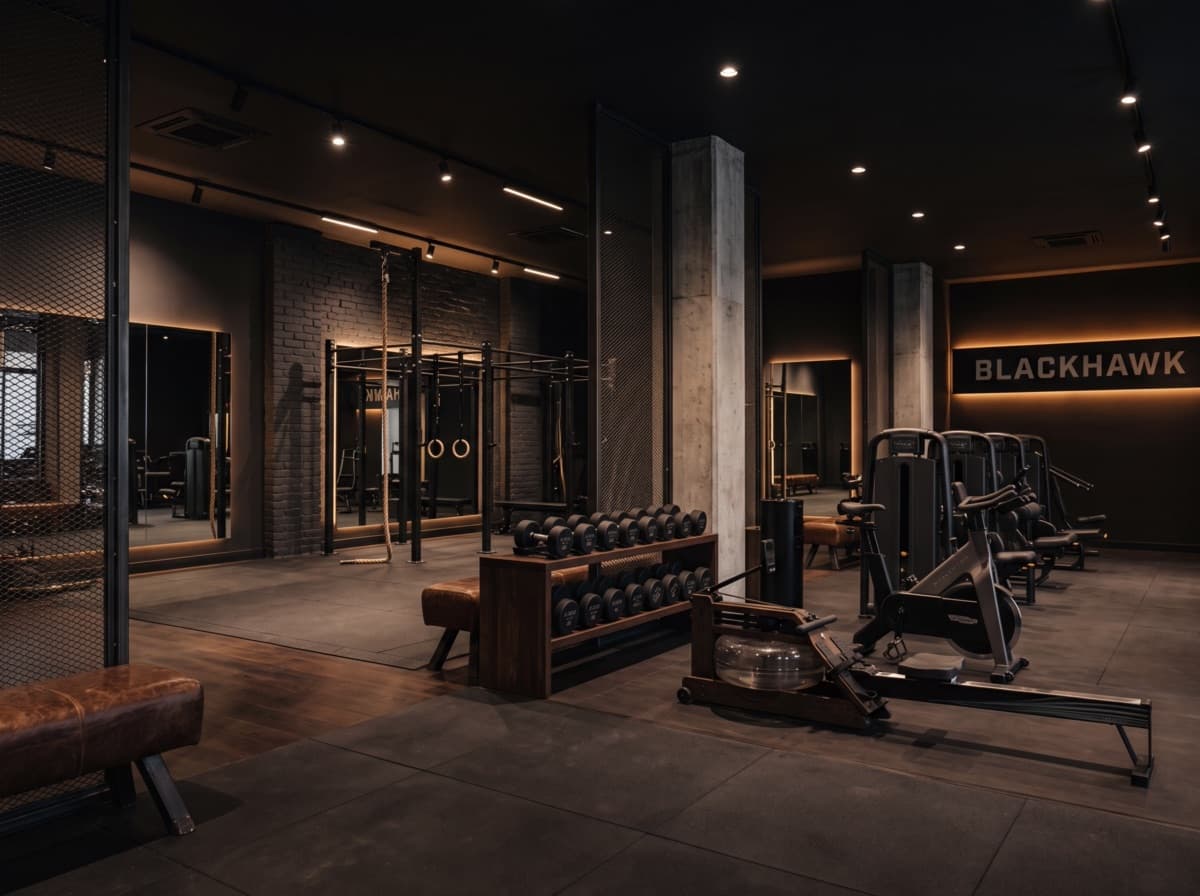 Dark premium boutique gym interior — concept build imagery