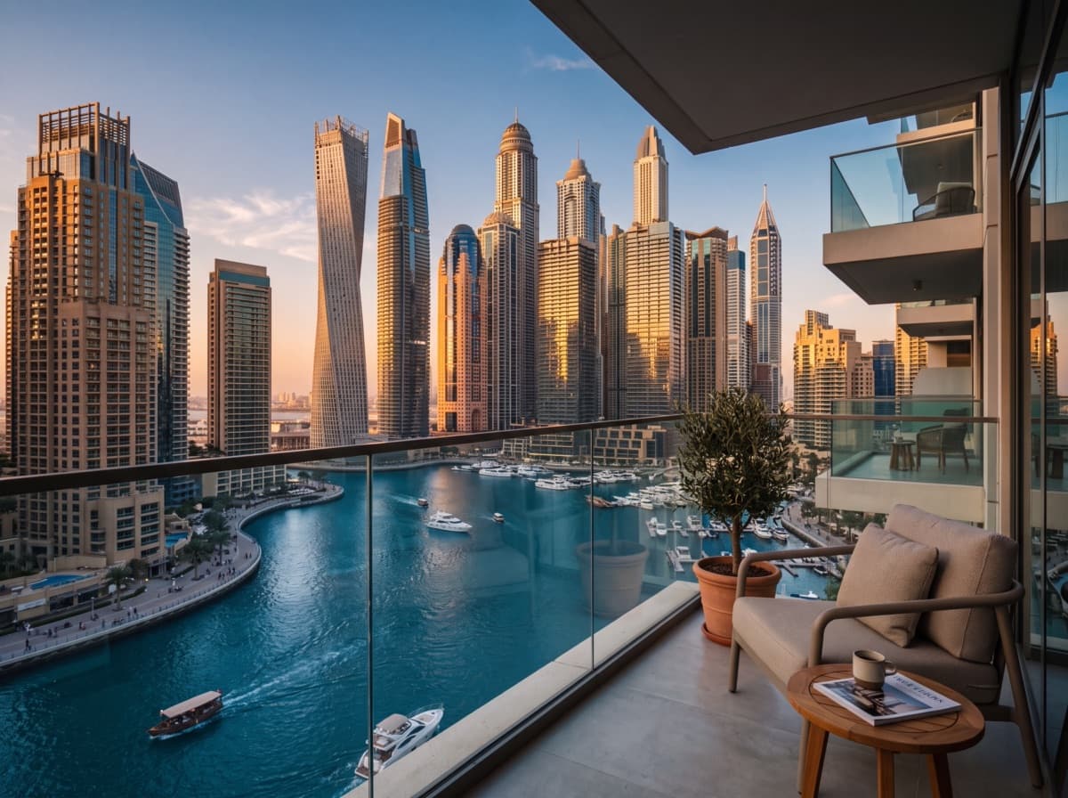 Dubai Marina towers from an apartment balcony — concept build imagery