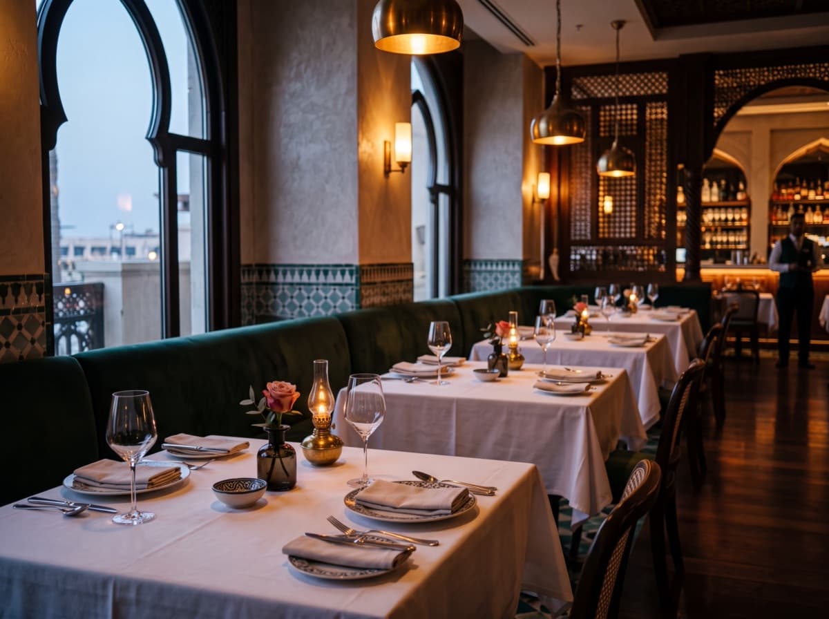 Warm upscale restaurant interior — concept build imagery